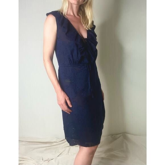 TORY BURCH Navy Sheer Floral Silk Ruffle Sleeveless Dress US 2 - Picture 1 of 14